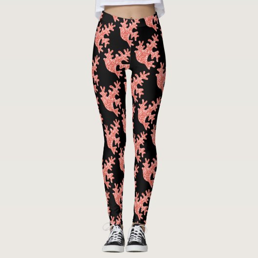 Roze koraal donker glitter sparkeert zwart patroon leggings (Voorkant)