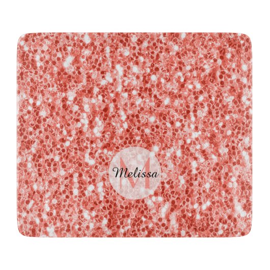Roze koraal donker glitter sparken Monogram Snijplank (Voorkant)