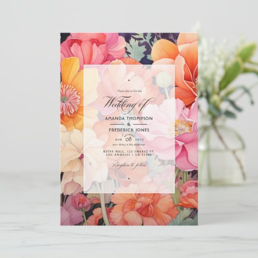 Roze, Koraal en Sinaasappel Bloemen Bruiloft Kaart (Staand voorkant)