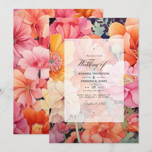 Roze, Koraal en Sinaasappel Bloemen Bruiloft Kaart (Voorkant / Achterkant)