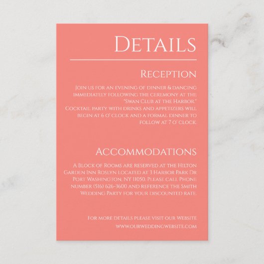 Roze koraal en wit-bruiloft details- informatiekaartje (Voorkant)