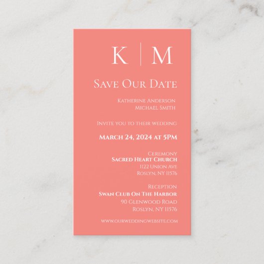 Roze Koraal en wit-Modern-Save the Date- Visitekaartje (Voorkant)