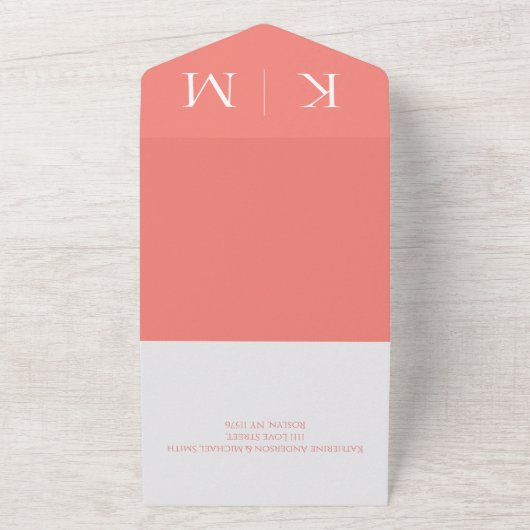 Roze Koraal en Wit-Monogram-Bruiloft- All In One Uitnodiging (Buitenkant)