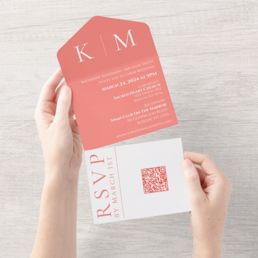 Roze Koraal en Wit-Monogram-Bruiloft uitnodigen- All In One Uitnodiging (Afscheurbaar)