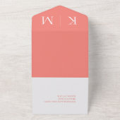 Roze Koraal en Wit-Monogram-Modern-Wedding- All In One Uitnodiging (Buitenkant)