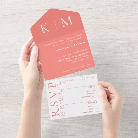 Roze Koraal en Wit-Monogram-Modern-Wedding- All In One Uitnodiging (Afscheurbaar)