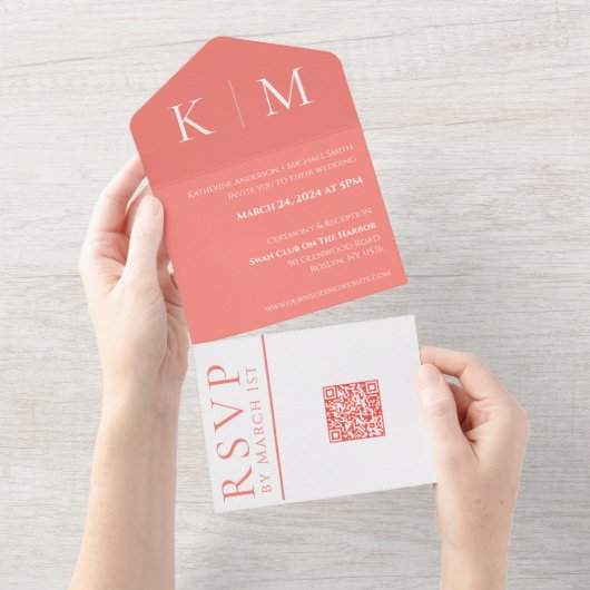 Roze Koraal en Wit-Monogram-Modern-Wedding- All In One Uitnodiging (Afscheurbaar)