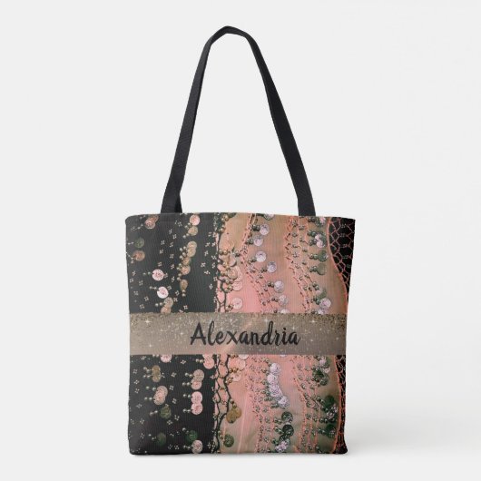 Roze koraal en zwarte glitter munten gepersonalise tote bag (Achterkant)