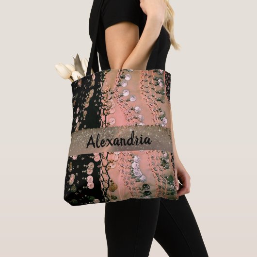 Roze koraal en zwarte glitter munten gepersonalise tote bag (Dichtbij)