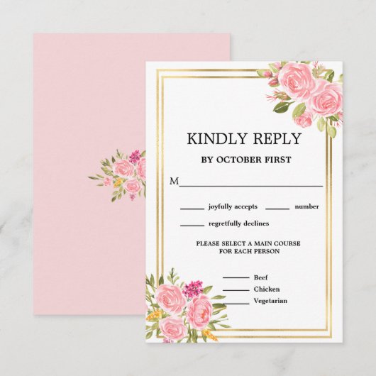 Roze koraal Floral maaltijdopties RSVP Uitnodiging (Voorkant / Achterkant)