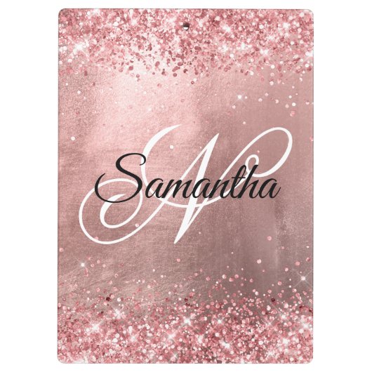 Roze koraal Glitter Fancy Monogram Roos Gold Foil Klembord (Achterkant)