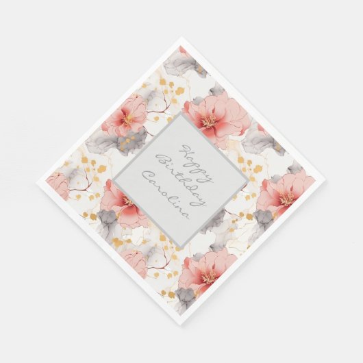 Roze Koraal Grijs Bloemige Verjaardag Servet (Hoek)