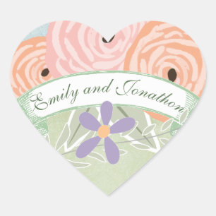 Roze koraal groen en lavender Floral Wedding Seal Hart Sticker