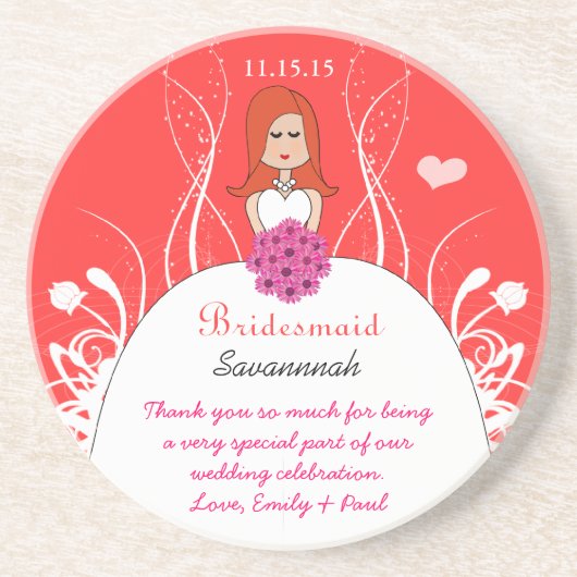 Roze koraal lang rood hoofd bridesmaïde kever Onde Zandsteen Onderzetter (Voorkant)