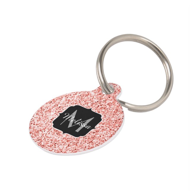 Roze koraal licht pastel sparkles Monogram Huisdierpenning (Zijkant)