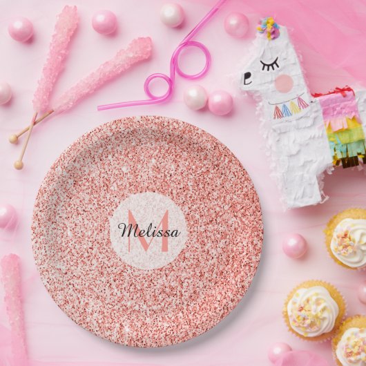 Roze koraal licht pastel sparkles Monogram Papieren Bordje (Feest)