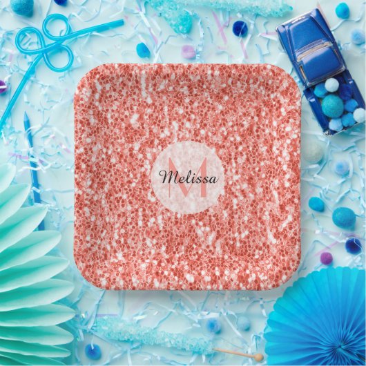 Roze koraal licht pastel sparkles Monogram Papieren Bordje (Feest)
