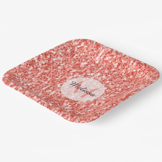 Roze koraal licht pastel sparkles Monogram Papieren Bordje (Gebogen)