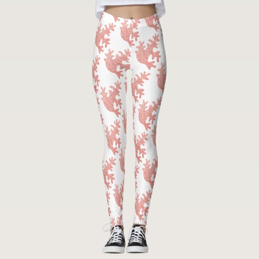 Roze koraal licht pastelsparren wit patroon leggings (Voorkant)