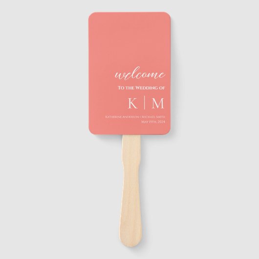Roze koraal-modern- Monogram-bruiloft programma- Handwaaier (Voorkant)