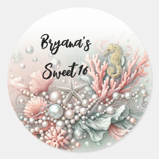 Roze Koraal & Parels Onder het Zee Sweet 16 Ronde Sticker (Voorkant)
