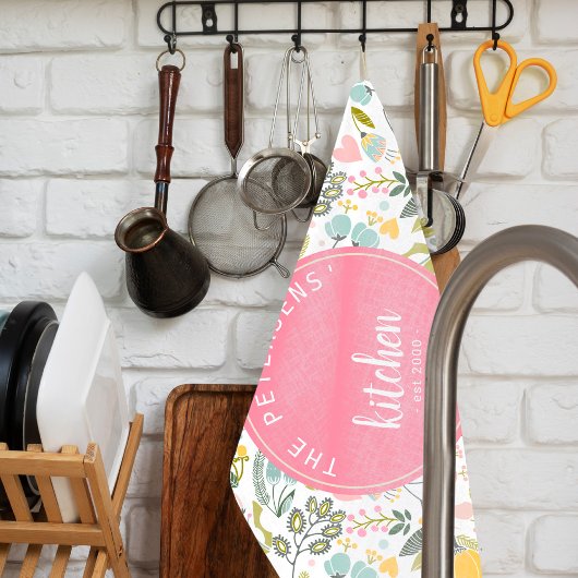 Roze Koraal Pastel Waterverf Bloemen Familienaam Theedoek