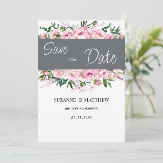Roze koraal pioen bloemenzomer Save the Date Kaart (Staand voorkant)