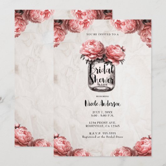 Roze Koraal Pioen Mason Jar Rustiek Vrijgezellenfe Kaart (Voorkant / Achterkant)