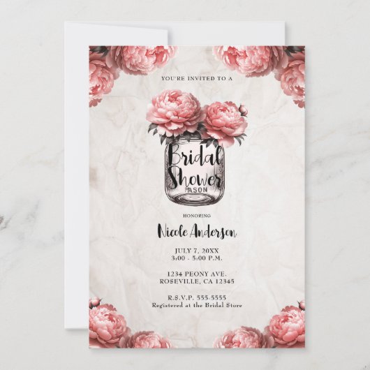 Roze Koraal Pioen Mason Pot Rustieke Bruidsdouche Kaart (Voorkant)