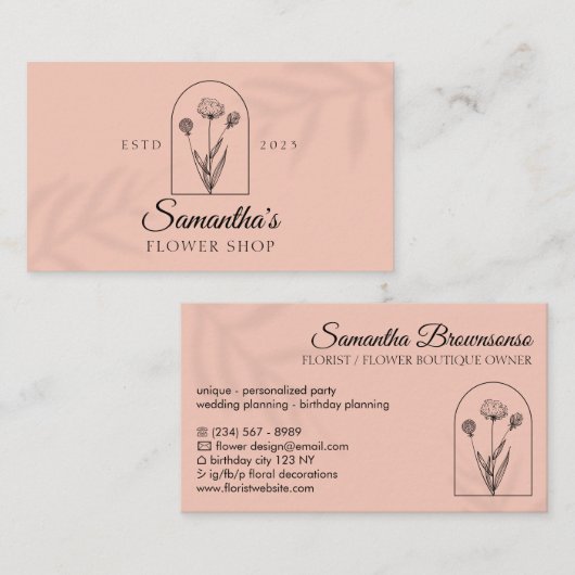 Roze koraal Plant Venster Schaduwventiel Visitekaartje (Voorkant / Achterkant)