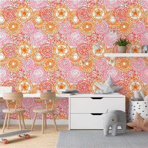 Roze Koraal Rood Sinaasappel Wit Bloemen Art Patro Behang