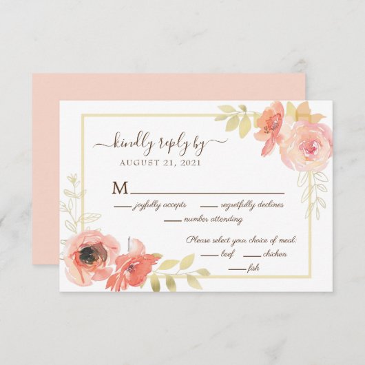 Roze koraal Roos en goudbladeren RSVP Kaartje (Voorkant / Achterkant)