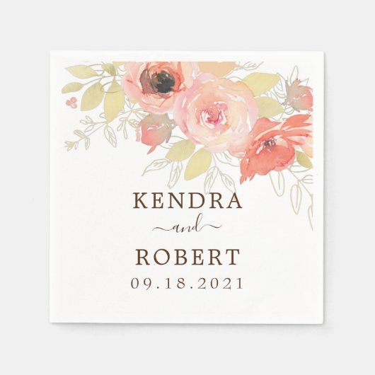 Roze Koraal Roze Gouden Bladeren Bloemige Trouw Br Servet (Voorkant)