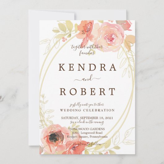 Roze koraal Rozen en gouden bruiloft Kaart (Voorkant)