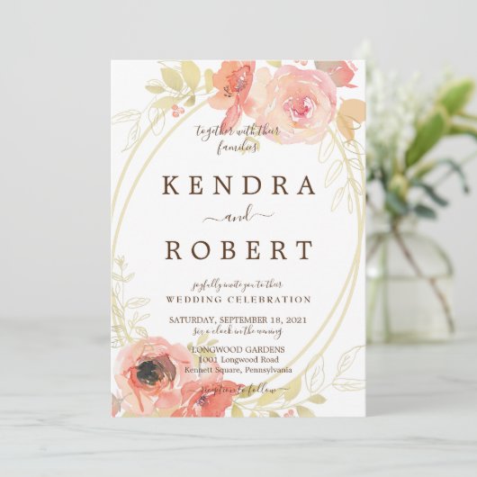 Roze koraal Rozen en gouden bruiloft Kaart (Staand voorkant)