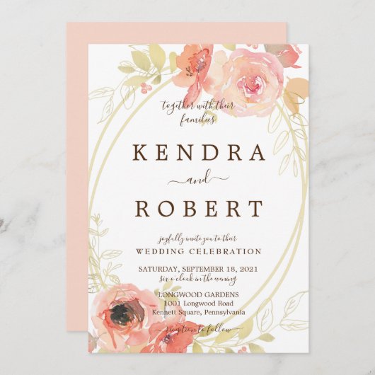 Roze koraal Rozen en gouden bruiloft Kaart (Voorkant / Achterkant)