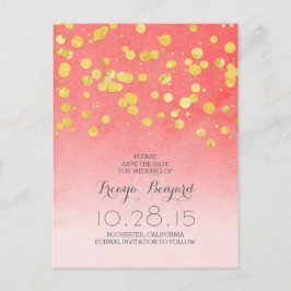 Roze koraal Save the Date & Goud glitter confetti Aankondigingskaart