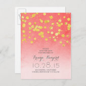Roze koraal Save the Date & Goud glitter confetti Aankondigingskaart (Voorkant / Achterkant)