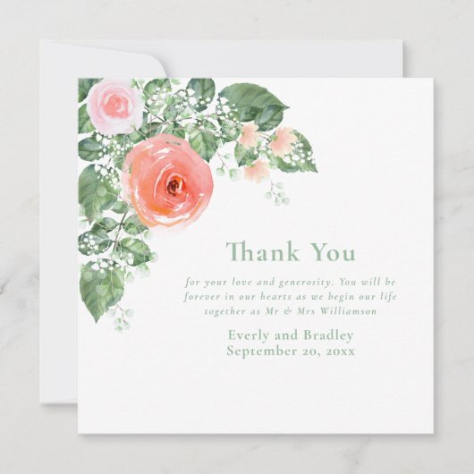 Roze Koraal Waterverf Bloemen bruiloft Dank u Kaart (Voorkant)