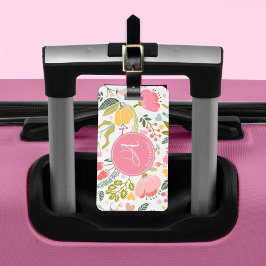 Roze Koraal Waterverf Bloemmotief Monogram Naam Bagagelabel