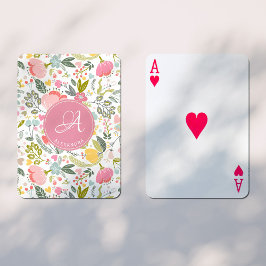 Roze Koraal Waterverf Bloemmotief Monogram Naam Pokerkaarten