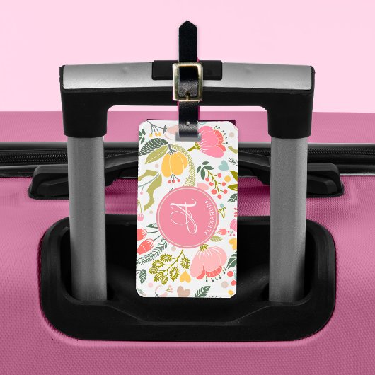 Roze koraal Waterverf Floral Pattern Monogram Naam Bagagelabel