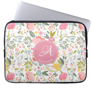 Roze koraal Waterverf Floral Pattern Monogram Naam Laptop Sleeve