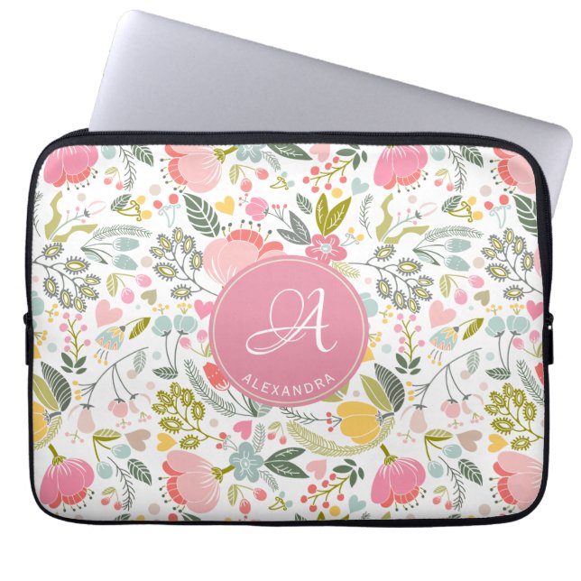 Roze koraal Waterverf Floral Pattern Monogram Naam Laptop Sleeve (Voorkant)