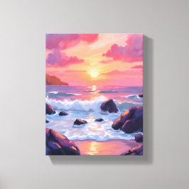 Roze Koraal Zonsondergang | Oceaan Golven Waterver Canvas Afdruk