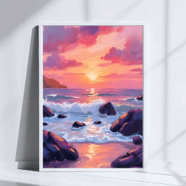 Roze Koraal Zonsondergang | Oceaan Golven Waterver Poster
