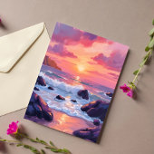 Roze Koraal Zonsondergang | Oceaangolven Watercolo