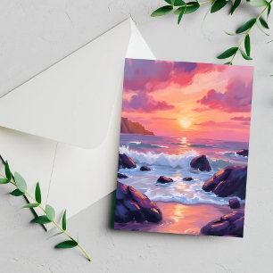 Roze Koraal Zonsondergang   Oceaangolven Watercolo