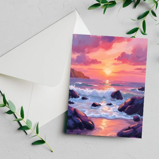 Roze Koraal Zonsondergang | Oceaangolven Watercolo