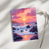 Roze Koraal Zonsondergang | Oceaangolven Watercolo